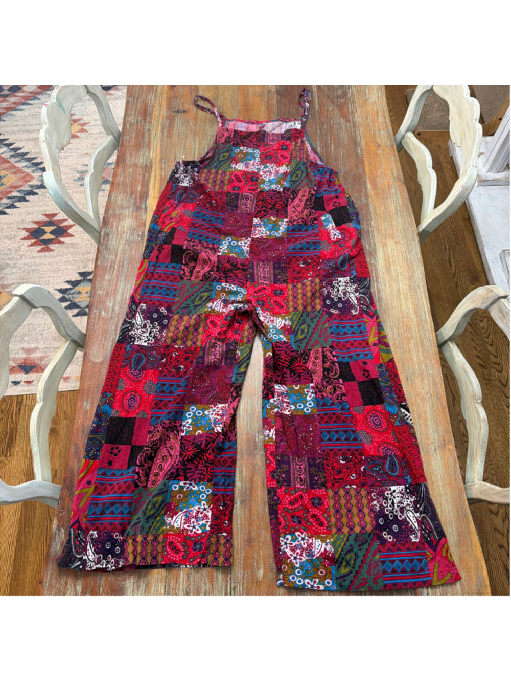 Boho Patchwork Print Wide Leg Jumpsuit Cami Overalls Red Pink Multi 3XL Pockets